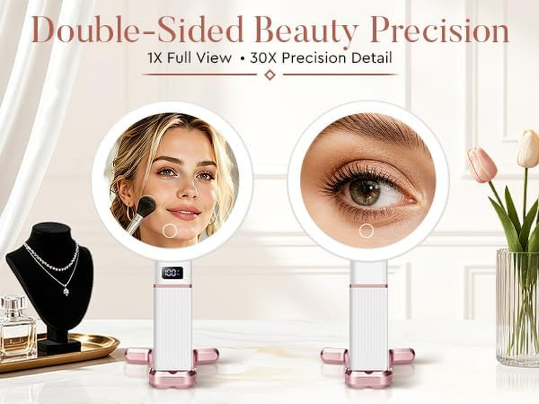 MIYADIVA Travel Makeup Mirror with Lights, Height Adjustable 30X/1X Double-Sided Magnifying Mirror, Portable Vanity Mirror with Digital Display & Phone Holder, Handheld Tabletop Hanging, Rose Gold