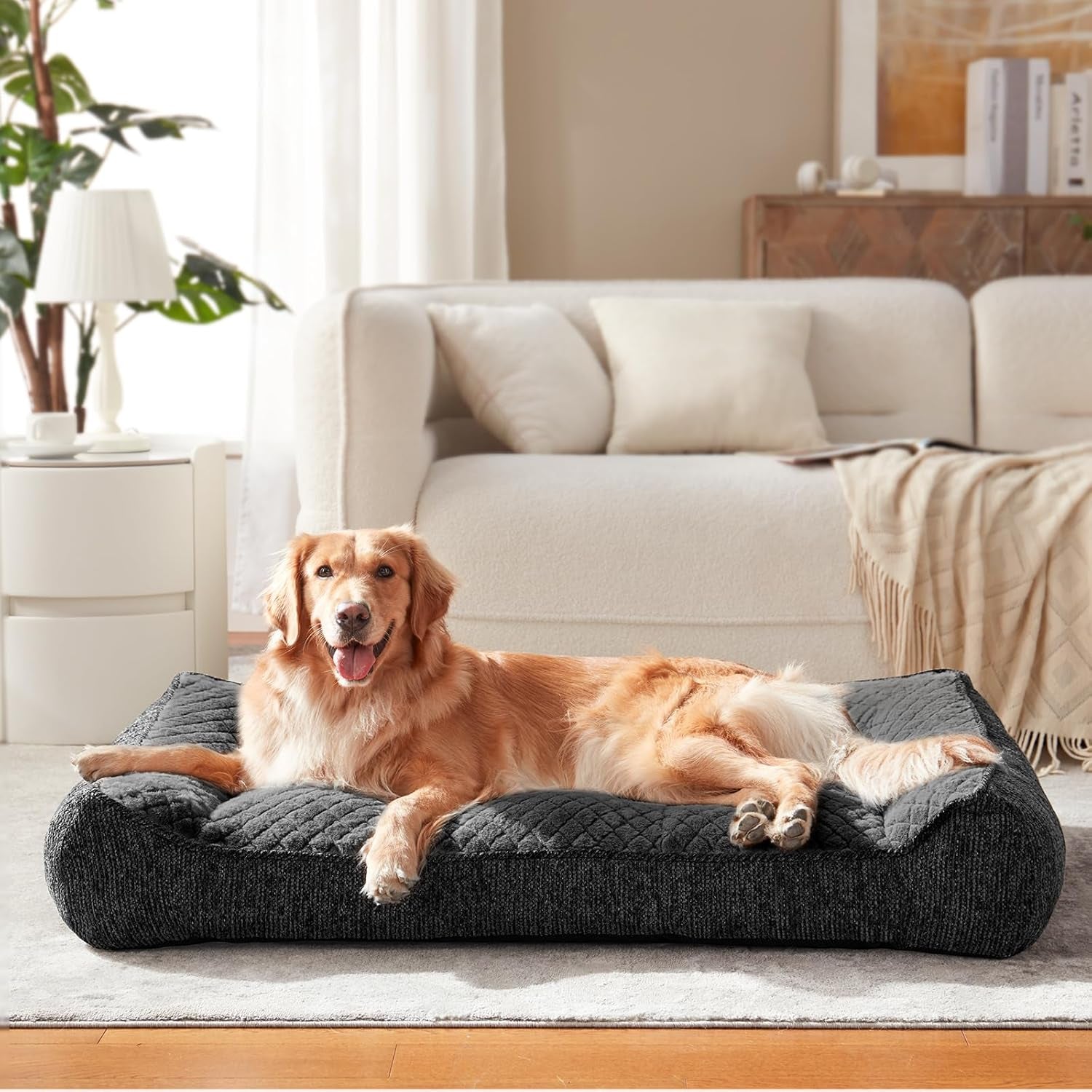 JOEJOY XL Orthopedic Dog Bed for Large Dogs up to 80Lbs - Extra Thick Foam Pet Bed Sofa with Bolster Sides, Large Sized Dog Couch Bed with Removable Washable Cover, Non-Slip Bottom, Grey (42"X30")