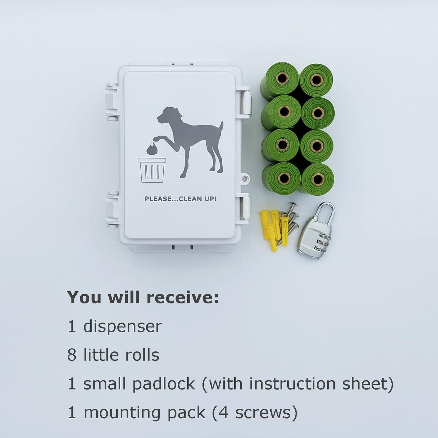 2 Dog Bag Dispensers 1 Lock 8 Small Rolls of Poop Bags