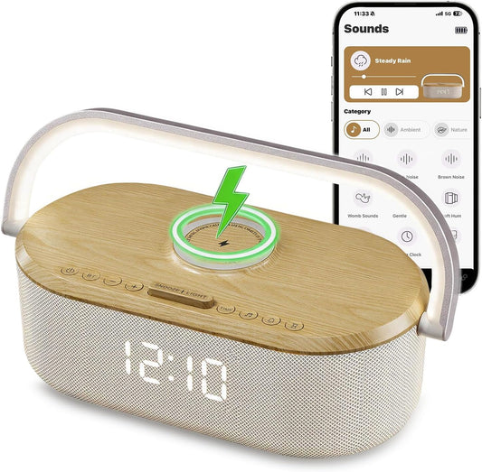 Smart White Noise Sound Machine with Alarm Clock & Wireless Charger, APP Remote Control, 40 Relaxing Ambient Sounds, 3 Night Light Modes, Snooze Function, and Smart Timer for Adults Kids Office