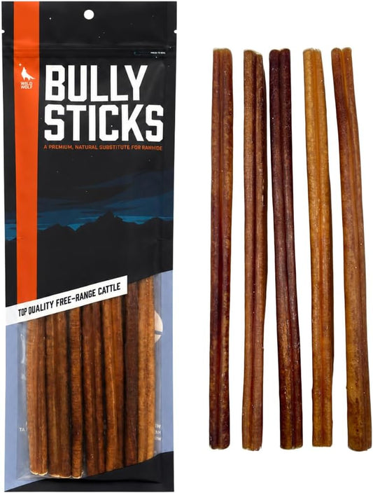 Wild Wolf 12-Inch Angus Bully Sticks (8Oz./~5 Sticks) Healthy, All-Natural, Long-Lasting Dog Chew Bones - Low Odor - Mixed Thickness - Lab-Tested, Hand-Inspected and Packed with Love in the USA