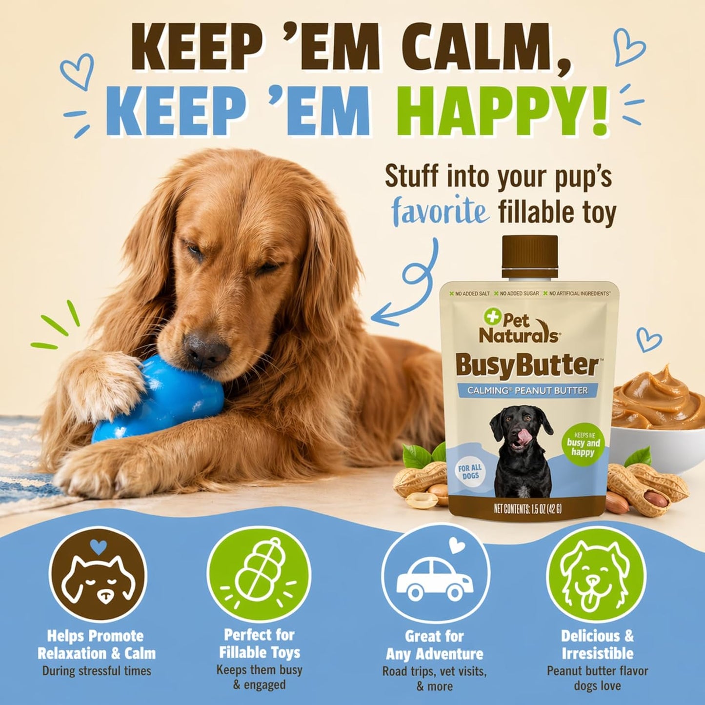 Pet Naturals Busybutter Easy Squeeze Calming Peanut Butter for Dogs, 6 Pouches - Great for Treats, Lick Mats, Training, Calming, and Occupier Toys, Busy Butter, 1.5Oz (Pack of 6)