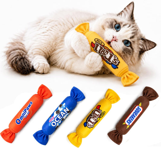 Cat Toys Candy Pillows,4 Pack, Catnip Inside,Soft and Durable Kick Sticks with Crinkle Sound, Interactive Indoor Kitten Play and Exercise Toy 7.9 Inches