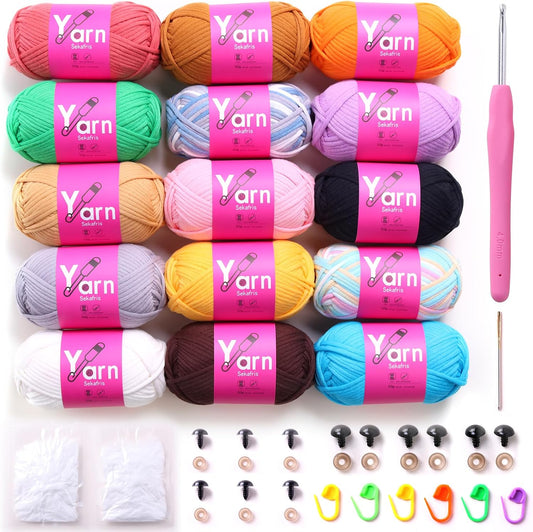15X50G Cotton Yarn for Crocheting-Mercerized Cotton Yarn for Knitting Crochet Kit for Beginners Multicolor Chunky Yarn Bundle Thick Yarn for Crochet Knitting Amigurumi Yarn Bulk
