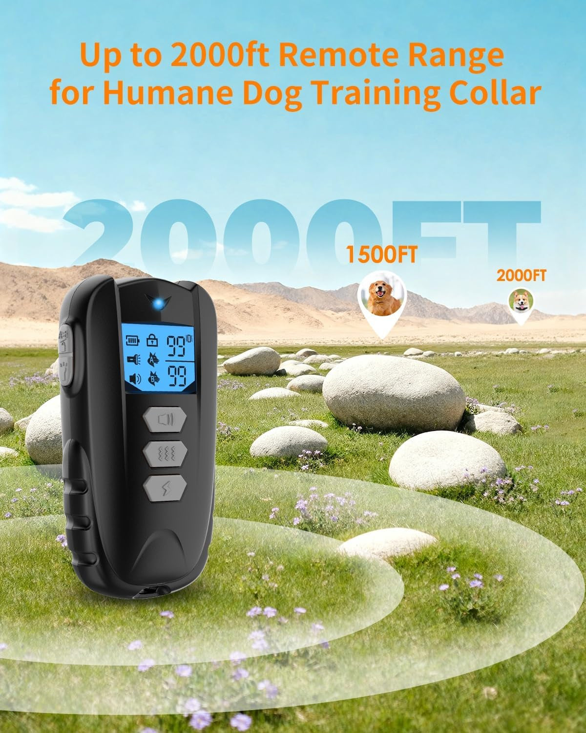 Dog Shock Collar with Remote Control – Shock Collar for Dogs 10–120 Lbs, 2000FT Long Range IPX7 Waterproof Rechargeable Dog Training Collar with 4 Safe Modes Beep Vibration Shock & Flashlight Bk