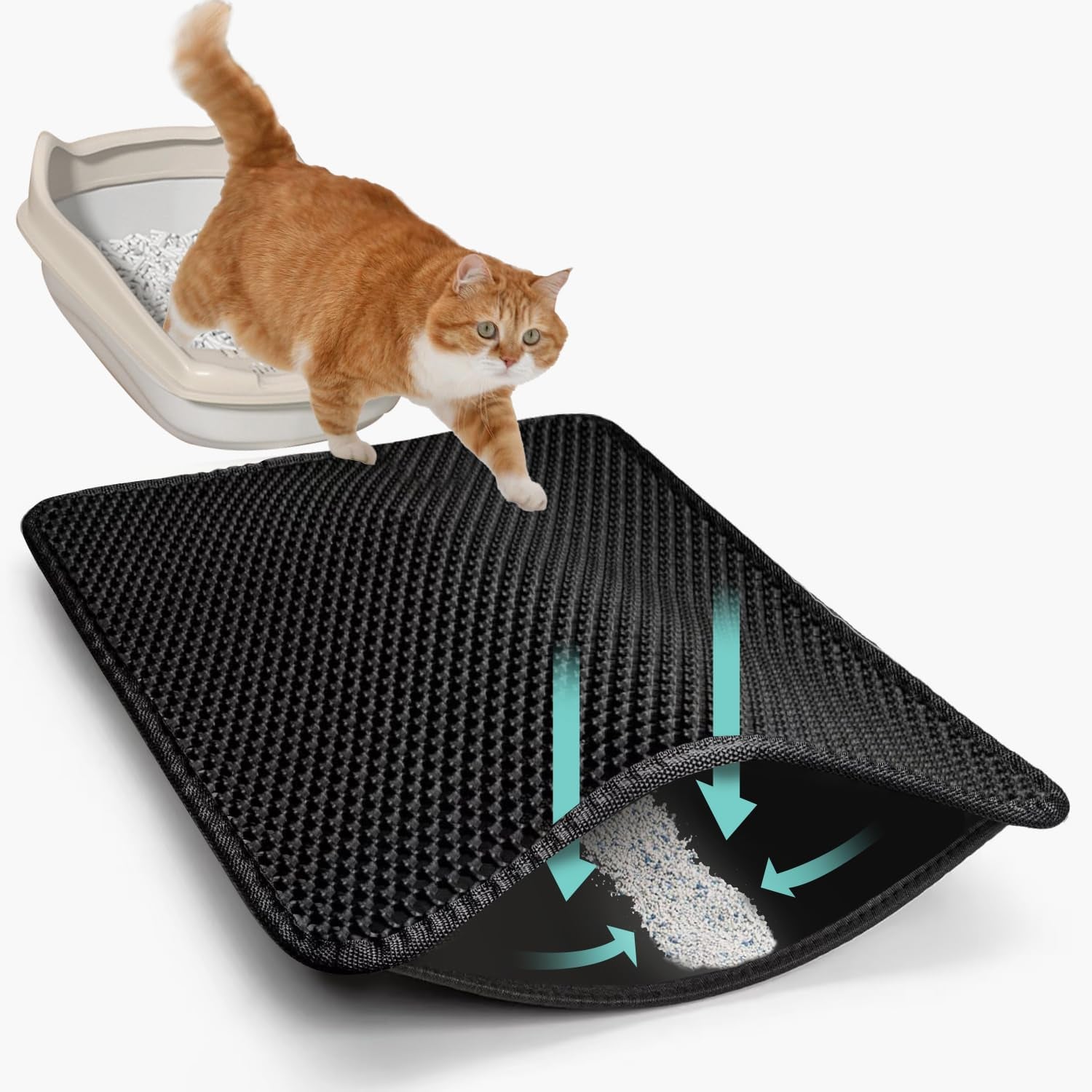 22"X30" Cat Litter Mat, EVA & Fabric Double Layer Design Waterproof Bottom Cat Litter Mat, Anti-Slip Litter Box Mat, Easy to Catch Pet Litter, Easier to Clean, Washable, Soft on Paws, Black