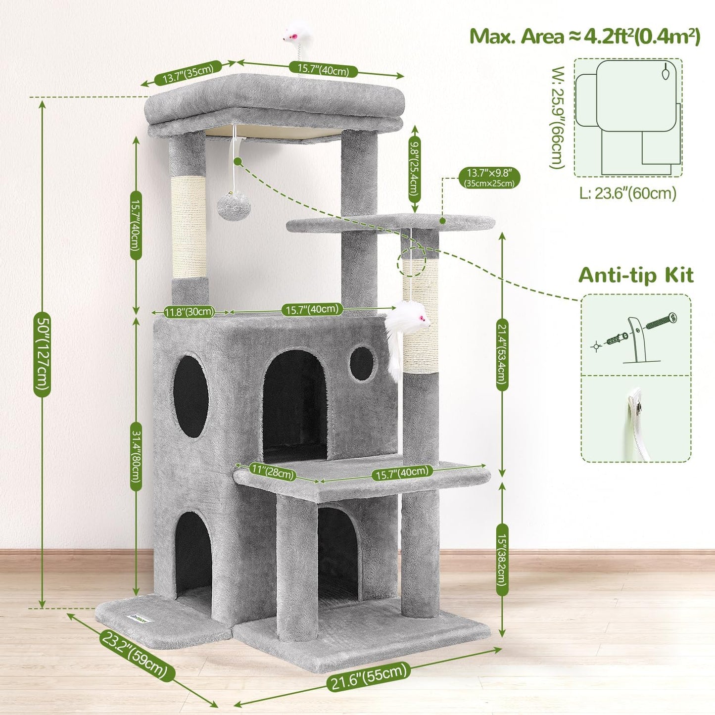 Globlazer Cat Tree Tower for Indoor Cats, 50-Inch Adult Cat Tree House for Large Adult Cats with Steps, Scratching Post, 2 Cat Caves, Dangling Toys, FC50, Light Grey