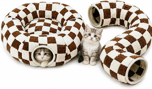 Cat Tunnel Bed with Washable Cushion for Indoor Cat, Donut Cave Tube Toys for Kitten Puppy Rabbit, Brown