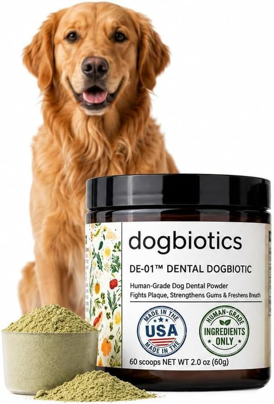 Dogbiotics DE-01 Dog Dental Powder - Clinically Studied Oral Postbiotic for Plaque, Tartar & Gum Support, Targets Bad Breath - Human-Grade Ingredients, Made in USA, No Brushing - 60 Scoops (2Oz / 60G)