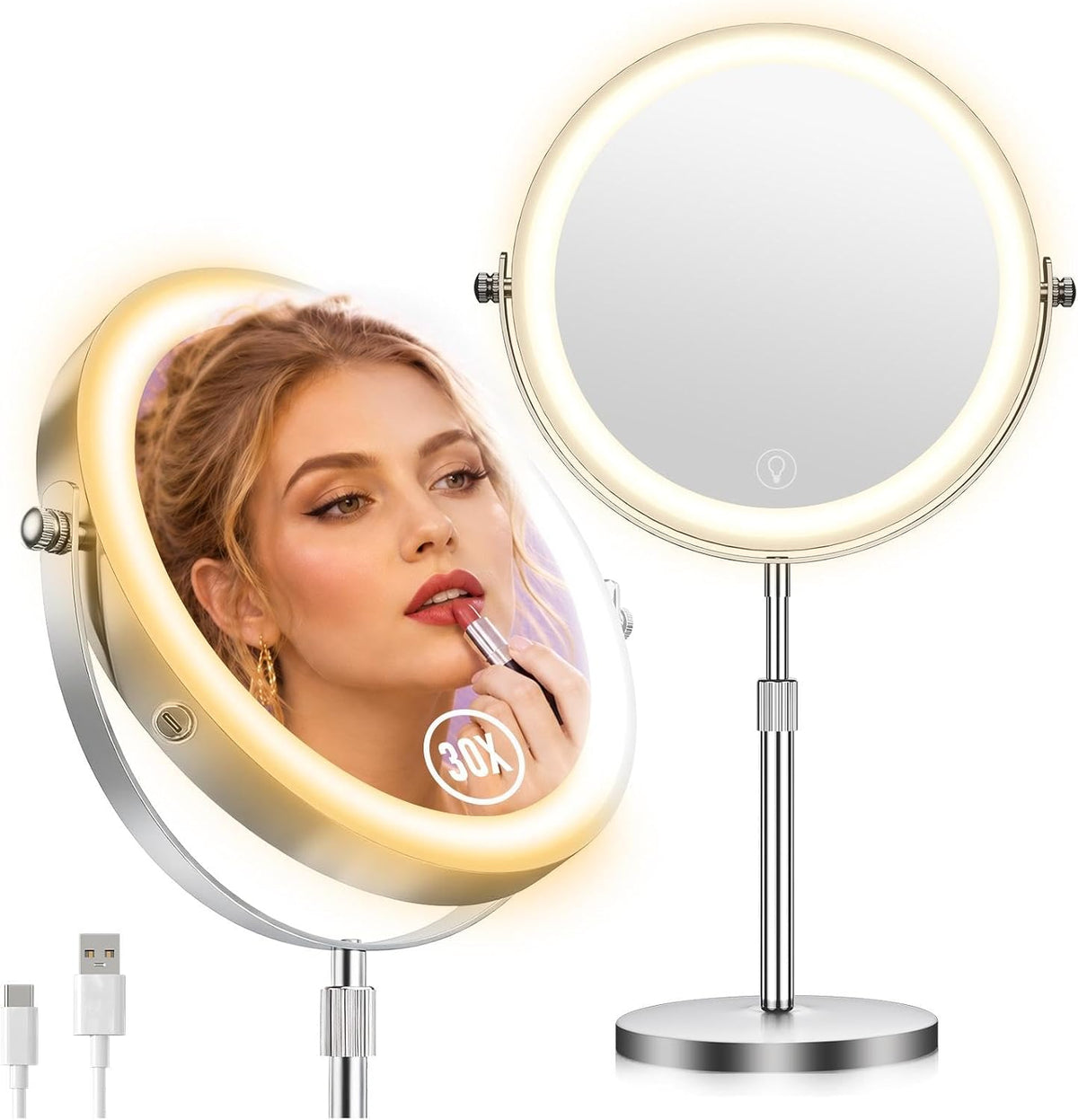 1X/30X Makeup Mirror with Lights, 9" Magnifying Mirror Height Adjustable Double Sided Vanity Mirror, 360° Rotation Cosmetic Mirror for Desk Bathroom, Ideal Gift for Women - Nickel