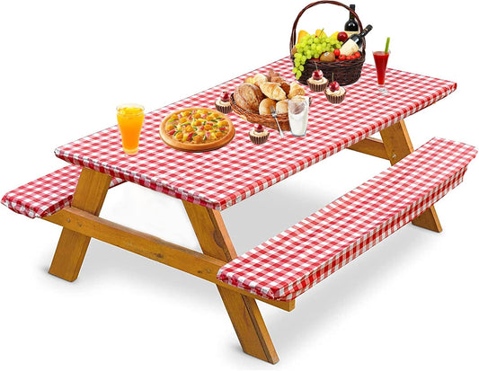 Picnic Table Cover with Bench Covers(72" X 30") - Fitted Picnic Table Covers with Elastic Edge for 6 Foot Rectangle Tables Vinyl Tablecloth Waterproof for Camping Table Outdoors Party,3-Piece Set
