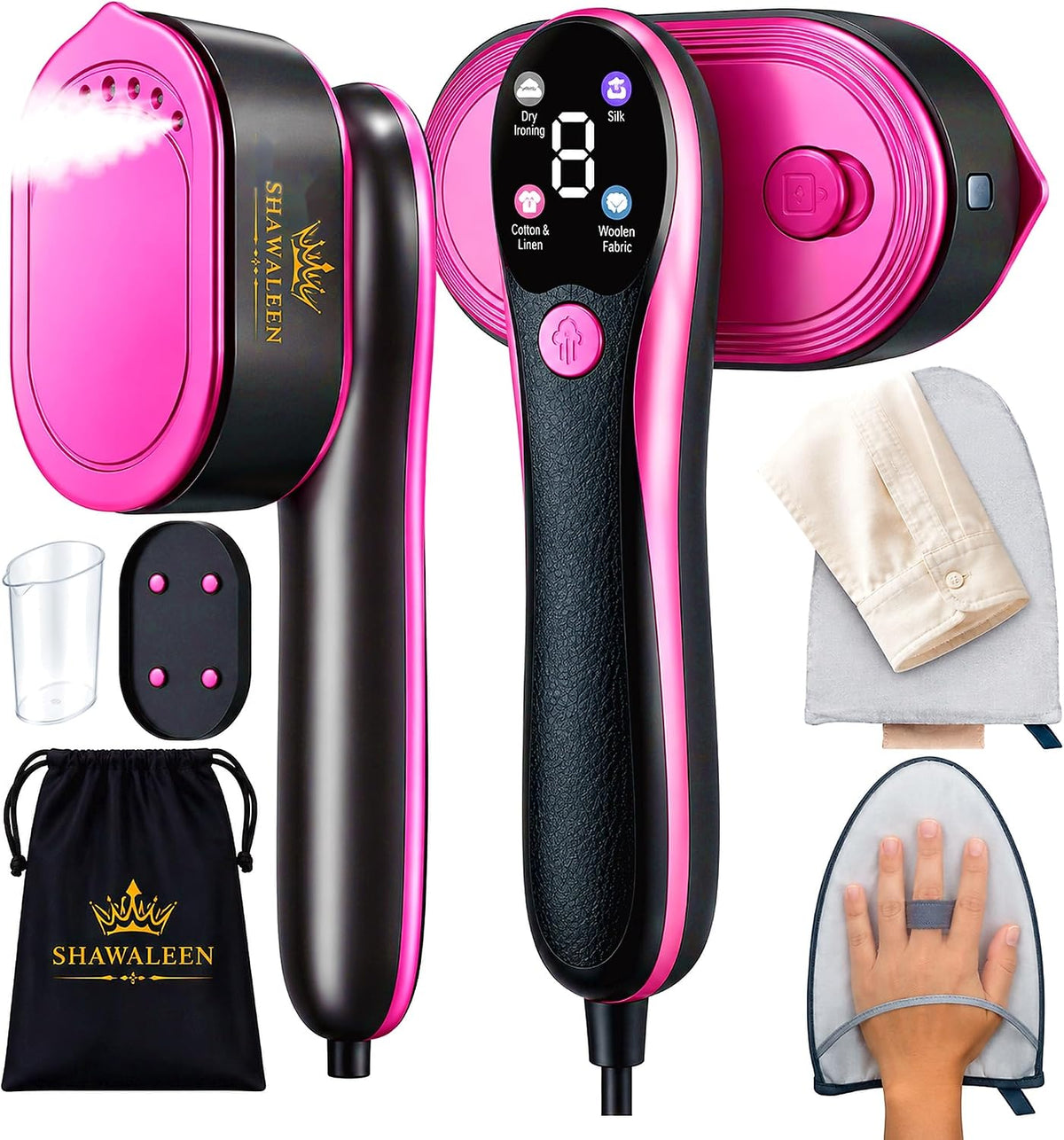 Travel Steamer for Clothes with Ironing Gloves, All-Fabric Wrinkle Removal 4 Adjustable Modes, 10S Fast Heat Up, Large Ceramic Heat Panel, 100Ml Water Tank, 2In1 Steamer Iron1200W (110-120V) (PINK)