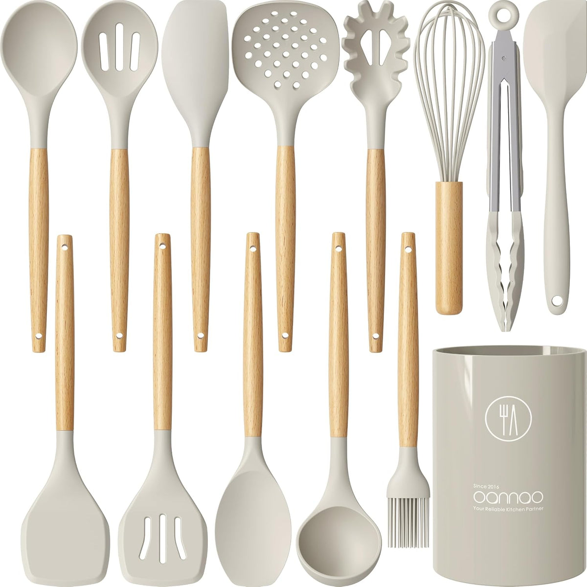 Oannao Silicone Cooking Utensils Set - 446°F Heat Resistant Silicone Kitchen Utensils for Cooking,Kitchen Utensil Spatula Set W Wooden Handles, BPA FREE Gadgets for Non-Stick Cookware (Khaki)