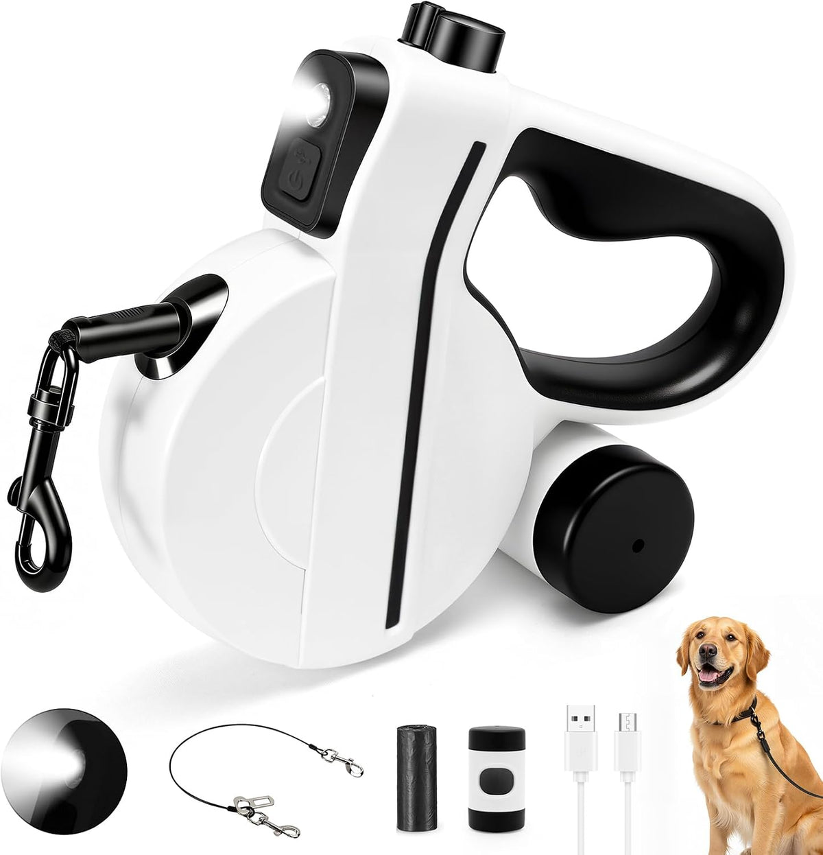 Retractable Dog Leash with LED Light & Reflective Tape for Night Walk, 16Ft Dog Leash with Poop Bag Dispenser, Chew-Proof Steel Cable, One-Button Brake & Lock for Medium Dogs up to 66 Lbs (BLK&WHT)