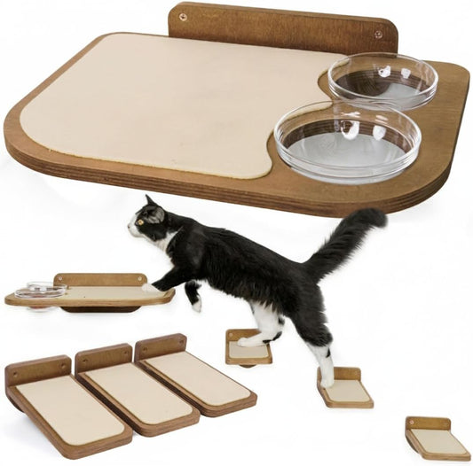 INICIO Cat Shelves - Feeding Shelf with 3 Cat Wall Steps - Brown
