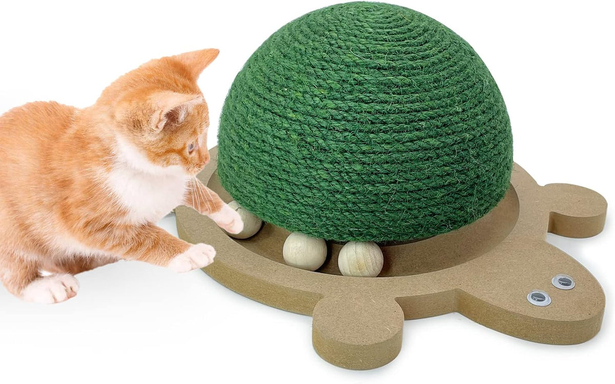 Cats Scratching Ball, Natural Sisal Scratching Toy with Roller Track Toys and Wooden Base Kitten Turtle Shape Scratch Post for Indoor Cats Interactive Training Exercise Scratcher for Small Pets