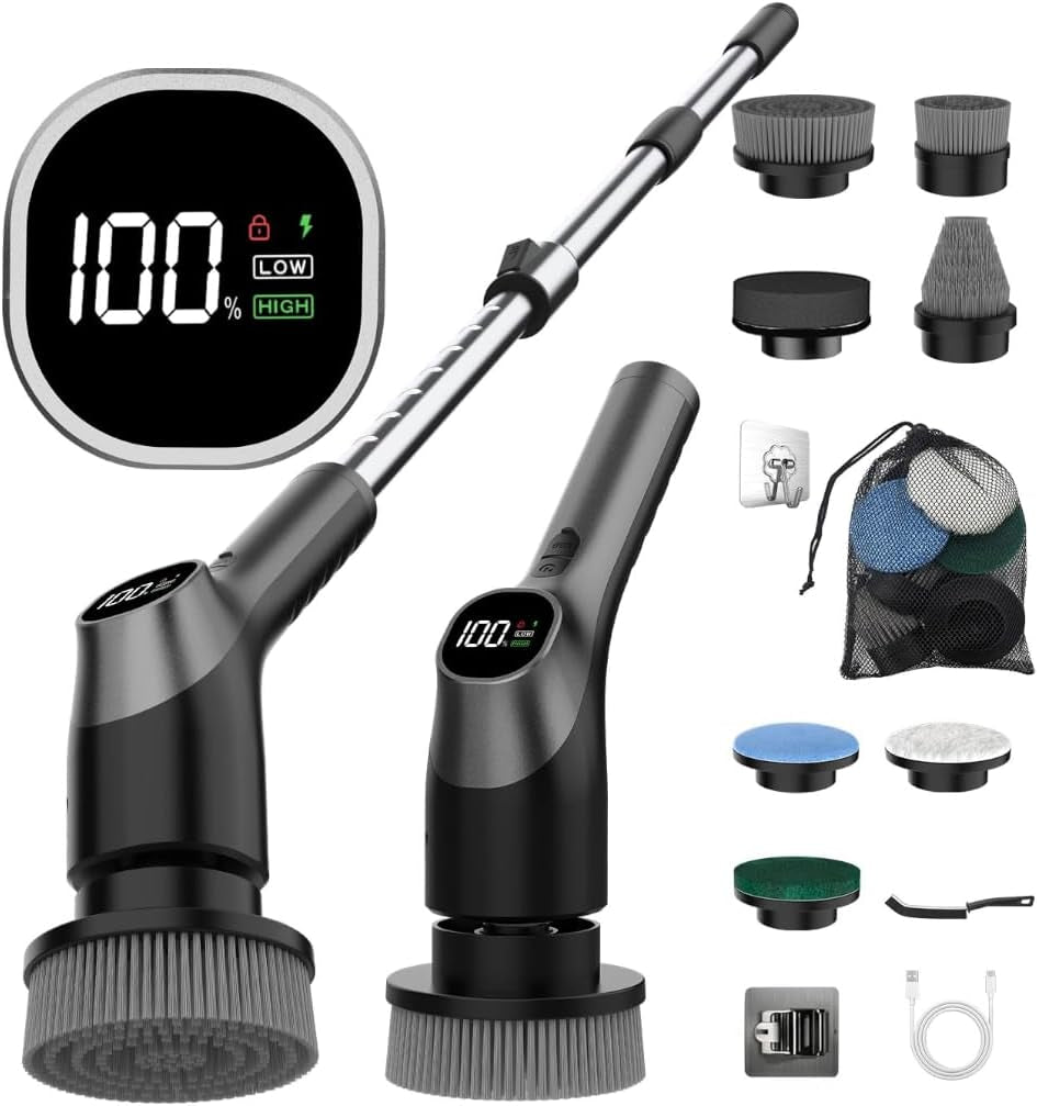 Wky-Electric Spin Scrubber - 10-In-1 Cordless Shower Scrubber & Cleaning Brush with Extendable Handle, 42 In-Lbs Ultra High Torque, 2 Speeds, IPX7, LED Display, Smart AI Chip, for Bathroom, Kitchen