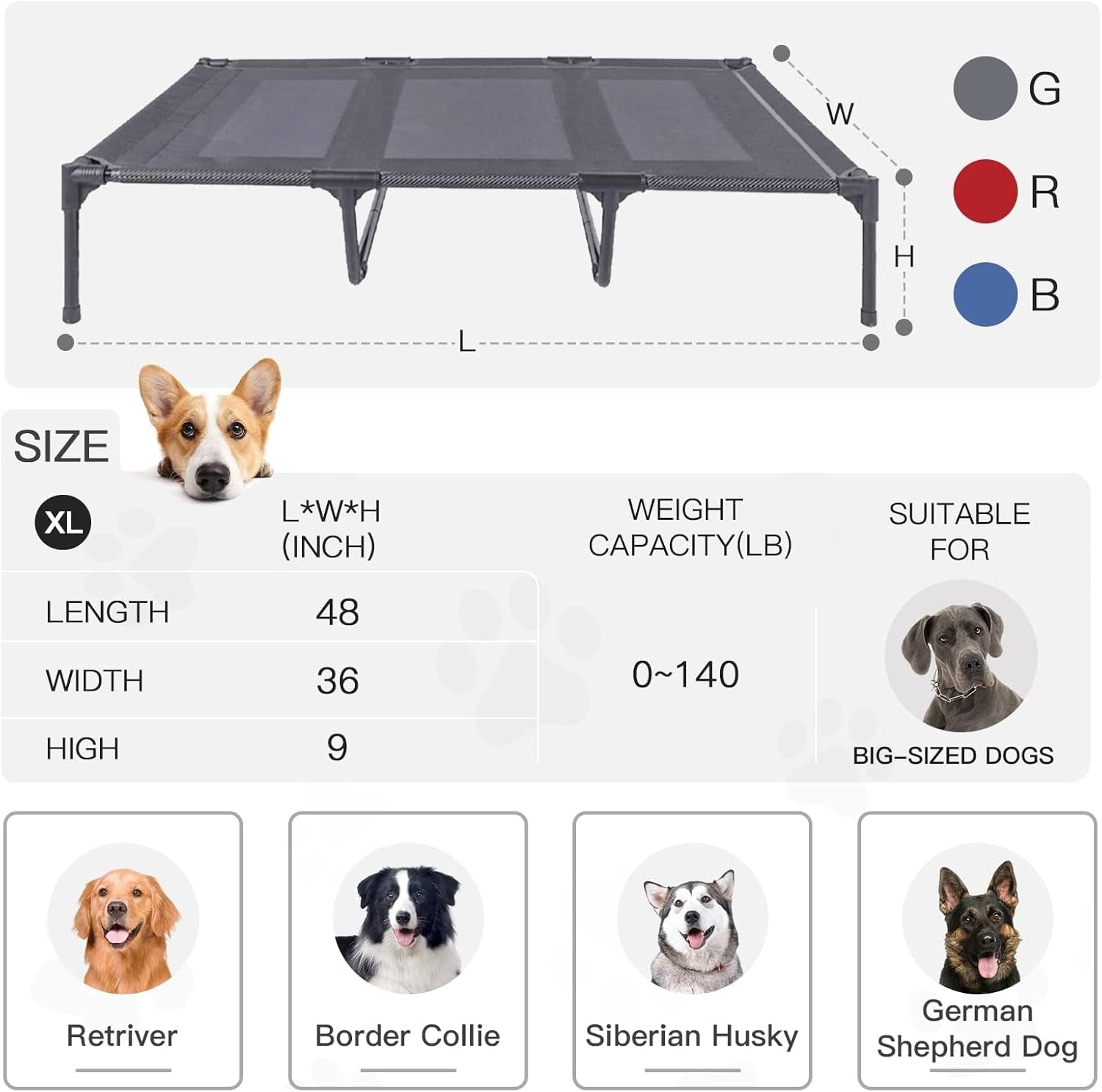 Suddus Elevated Dog Bed for Large Dogs 140Lb, Breathable Cooling Raised Dog Cot with Dual Support Bars & Metal Frame, No-Slip Feet, Waterproof Pet Bed for Indoor/Outdoor, X-Large, 48 * 36 * 9In, Grey