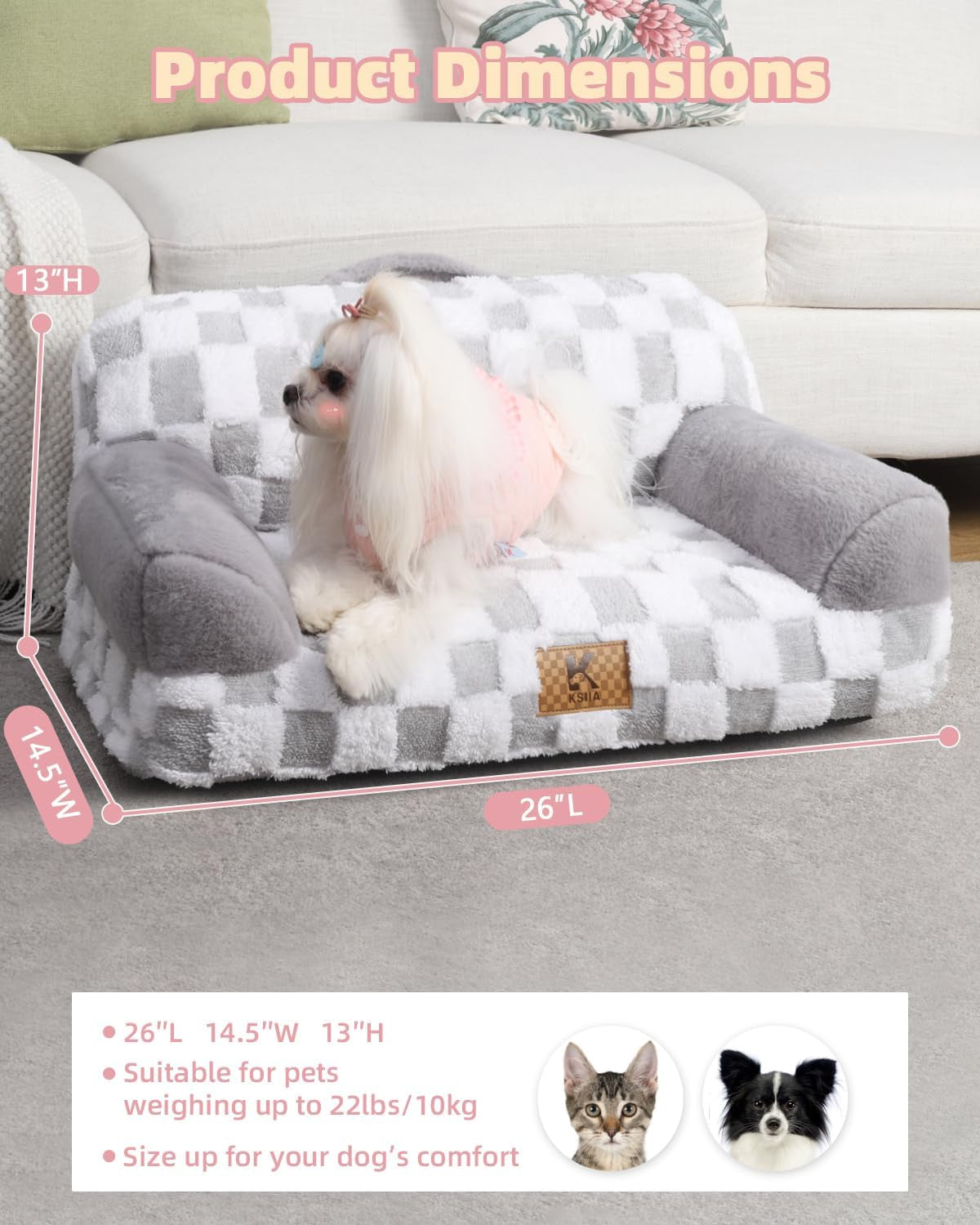 KSIIA Dog Bed Small Dog Beds Waterproof Cat Couch with Supportive Armrests for Puppy and Kitten Pet Couch Machine Washable Pet Sofa with Removable Cover & Anti-Slip Bottom, 26 X 14.5 In, Grey