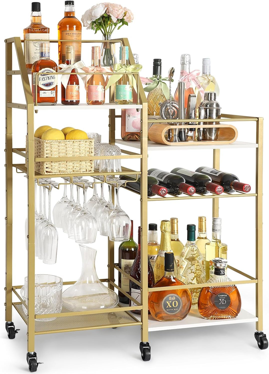 Gold Bar Cart with Wine Glass Holder, Stand for Home, Small Mini Bar for Whiskey Wine, Liquor Cart, Alcohol Cabinet for Kitchen, Dining Room