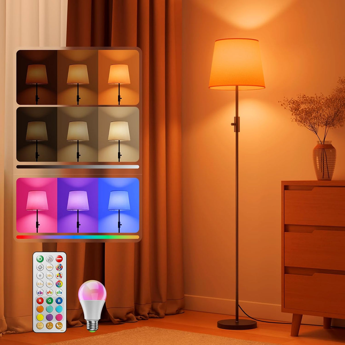 LED Floor Lamp, RGB Color Changing, 62", Magnetic Remote