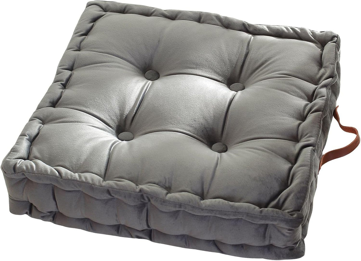 Vctops Square Solid Color Velvet Seat Cushion with Handle Tufted Thicken Chair Pad Tatami Floor Pillow Cushion 16.5"X16.5"X4" Grey