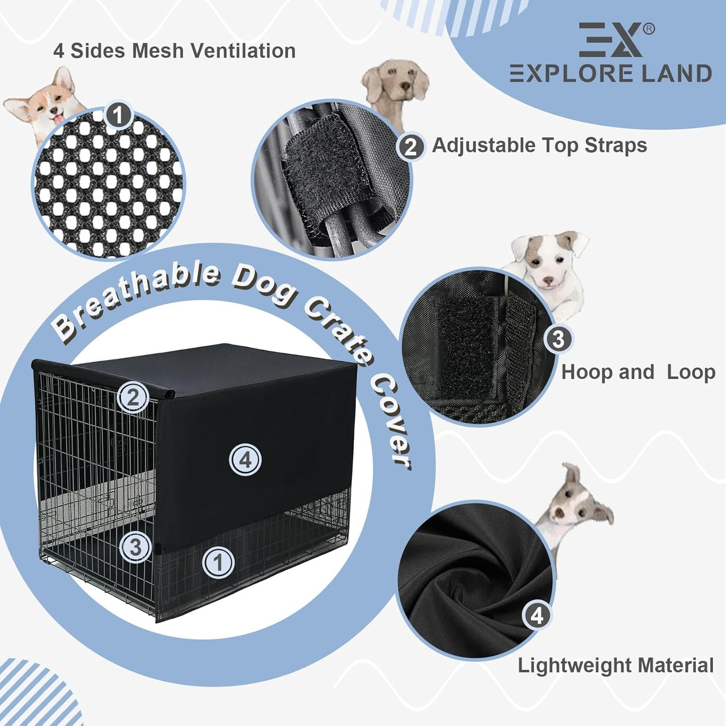 Explore Land Breathable Dog Crate Cover - 4 Sides Mesh Ventilation, Basic Pet Kennel Cover, All Sides Open, Universal Fit for 1 2 3 Doors 24 Inches Wire Dog Crate