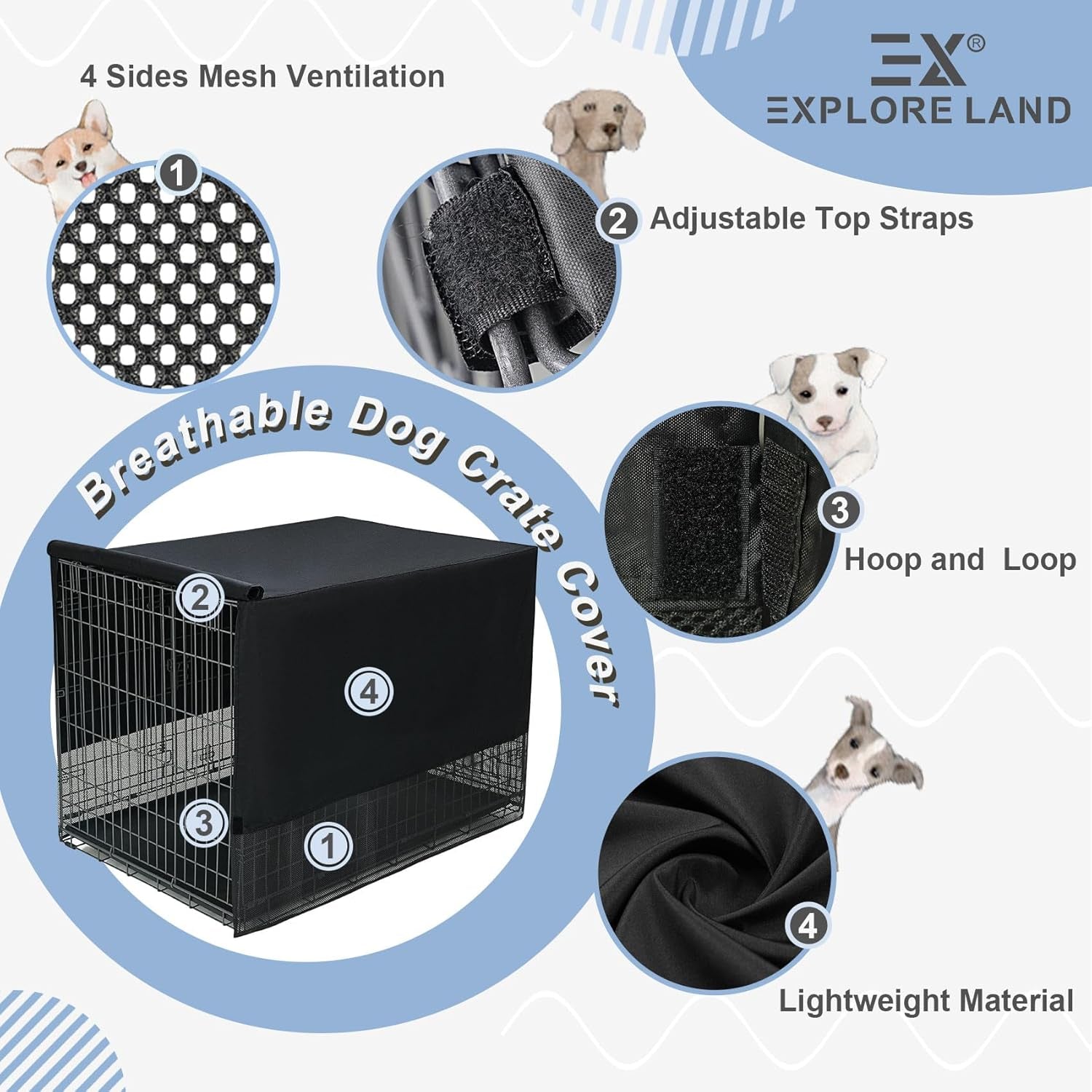 Explore Land Breathable Dog Crate Cover - 4 Sides Mesh Ventilation, Basic Pet Kennel Cover, All Sides Open, Universal Fit for 1 2 3 Doors 24 Inches Wire Dog Crate