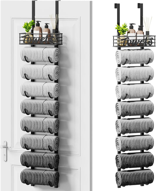 SWTYMIKI Hanging Towel Racks for Bathroom - 9 Tier over the Door & Wall Mounted Bath Rolled Towel Storage Organizer Holder for Small Bathroom, RV, Camper, Black (Patented)