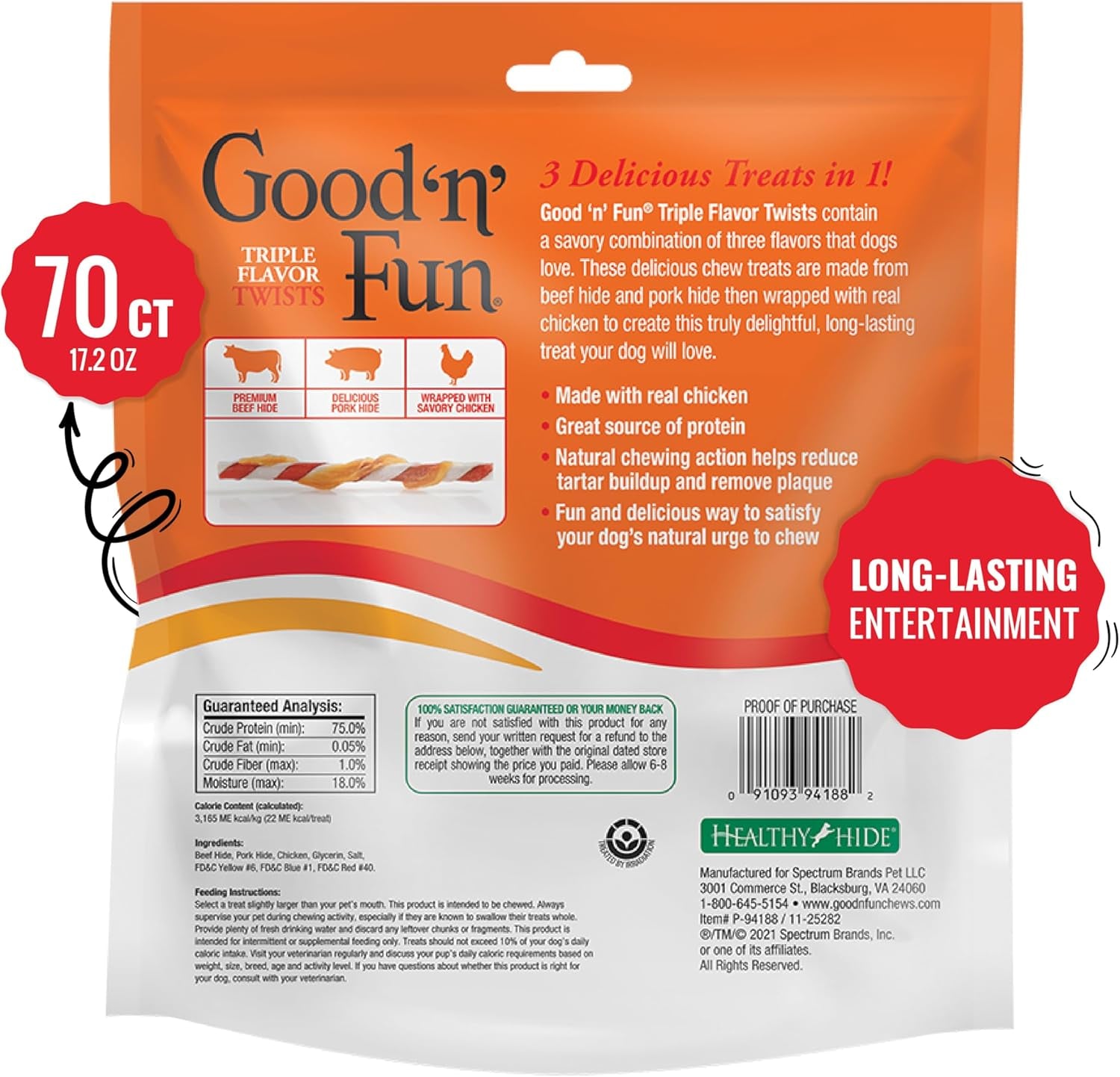 Good ‘N’ Fun Triple Flavor Twists for All Dogs, Treat Your Dog to Long-Lasting Chews Made with Beef Hide, Pork Hide and Chicken, 70 Count