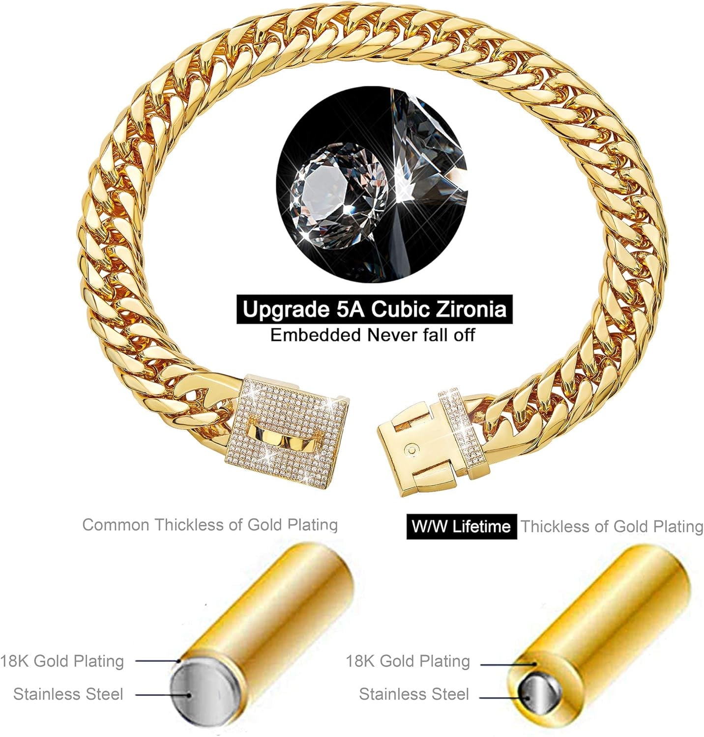 Dog Chain Collar Walking Metal Chain Collar with Design Secure Buckle, Gold Cuban Link Strong Heavy Duty Chew Proof for Small Dogs(16Mm, 12")