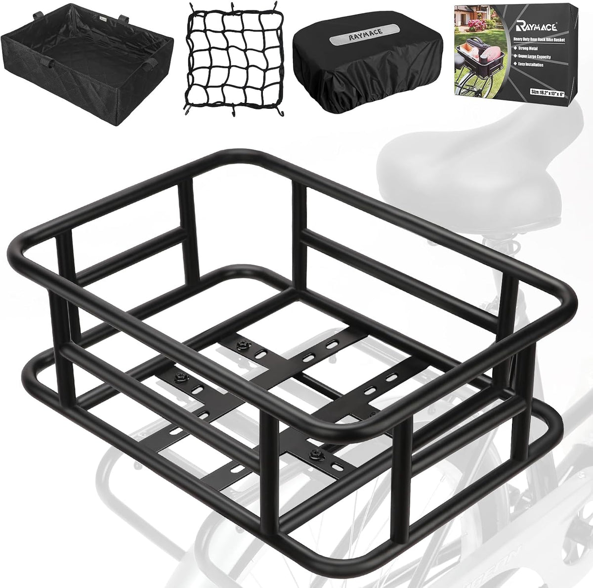 RAYMACE Rear Rack Bike Basket with Cargo Net and Liner