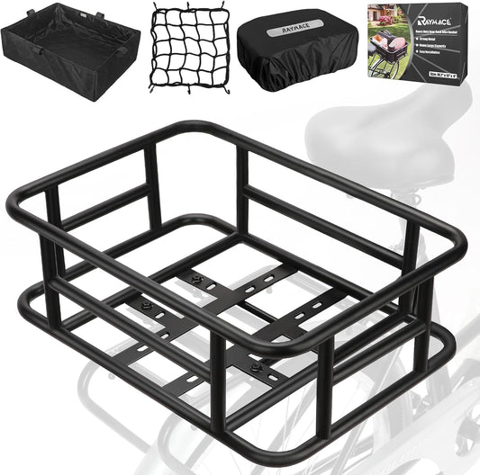 RAYMACE Rear Rack Bike Basket with Cargo Net and Liner