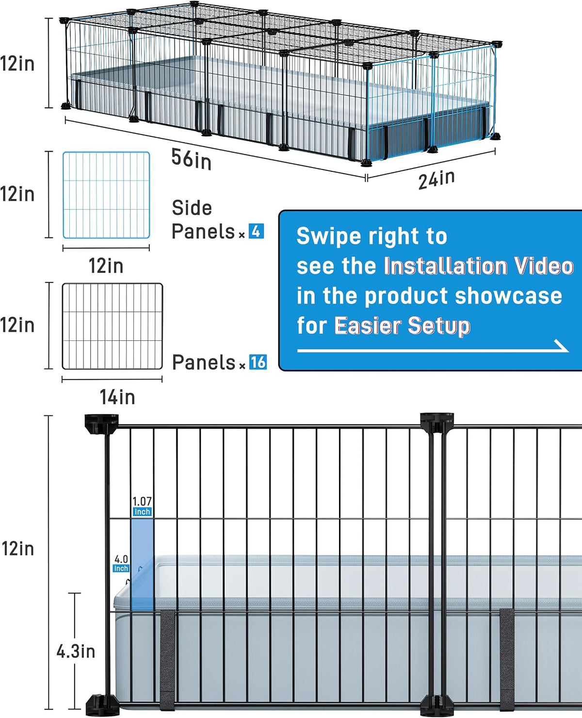 BUCATSTATE Guinea Pig Cages for 2, 20 Panels Guinea Pigs Playpen with Waterproof Mat, Metal Rabbit Cage Indoor for Hedgehogs, Quail, Chickens (56" L X 24" W X 12" H)