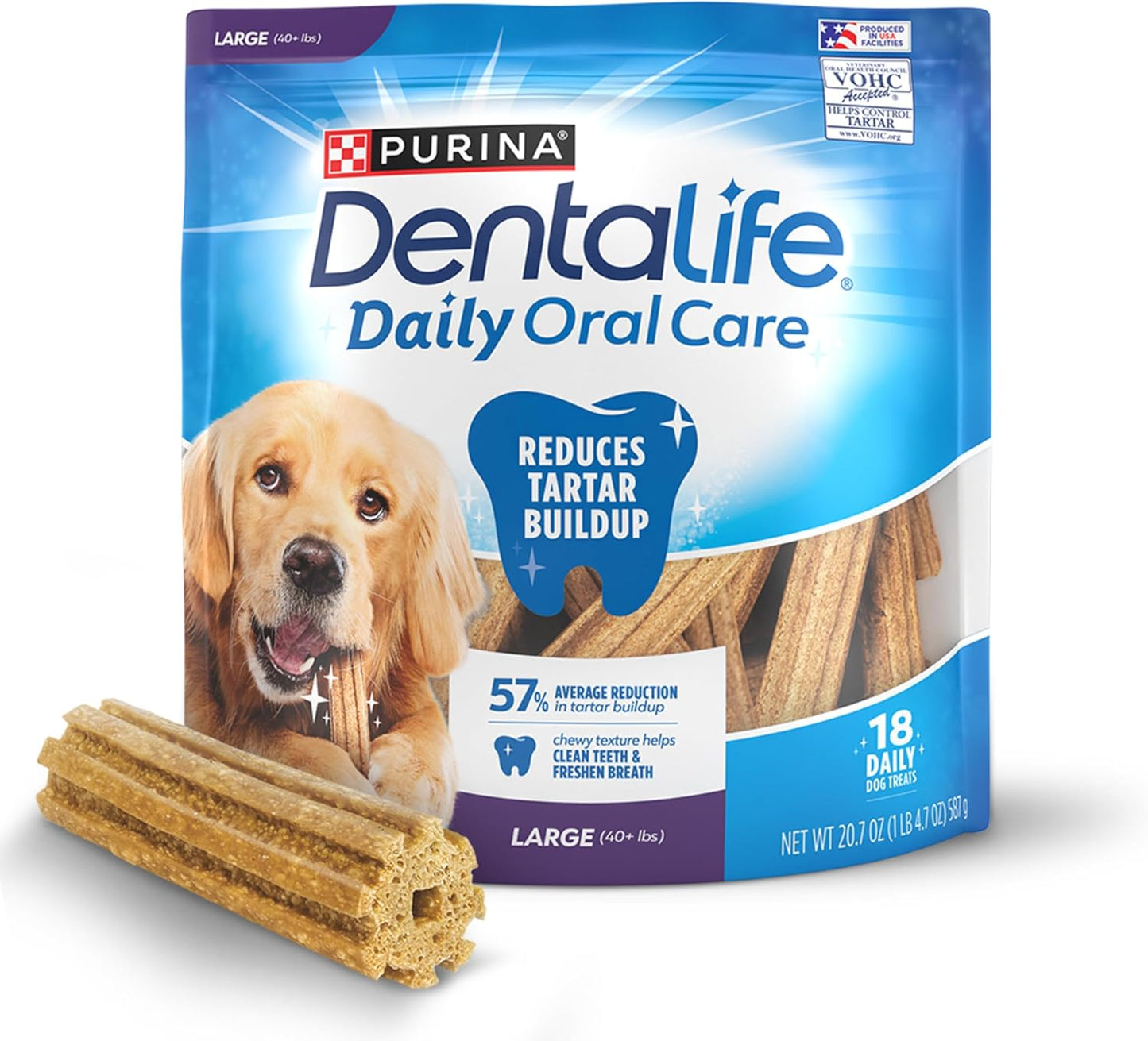 Purina Dentalife Made in USA Facilities Large Dog Dental Chews, Daily - 18 Ct. Pouch