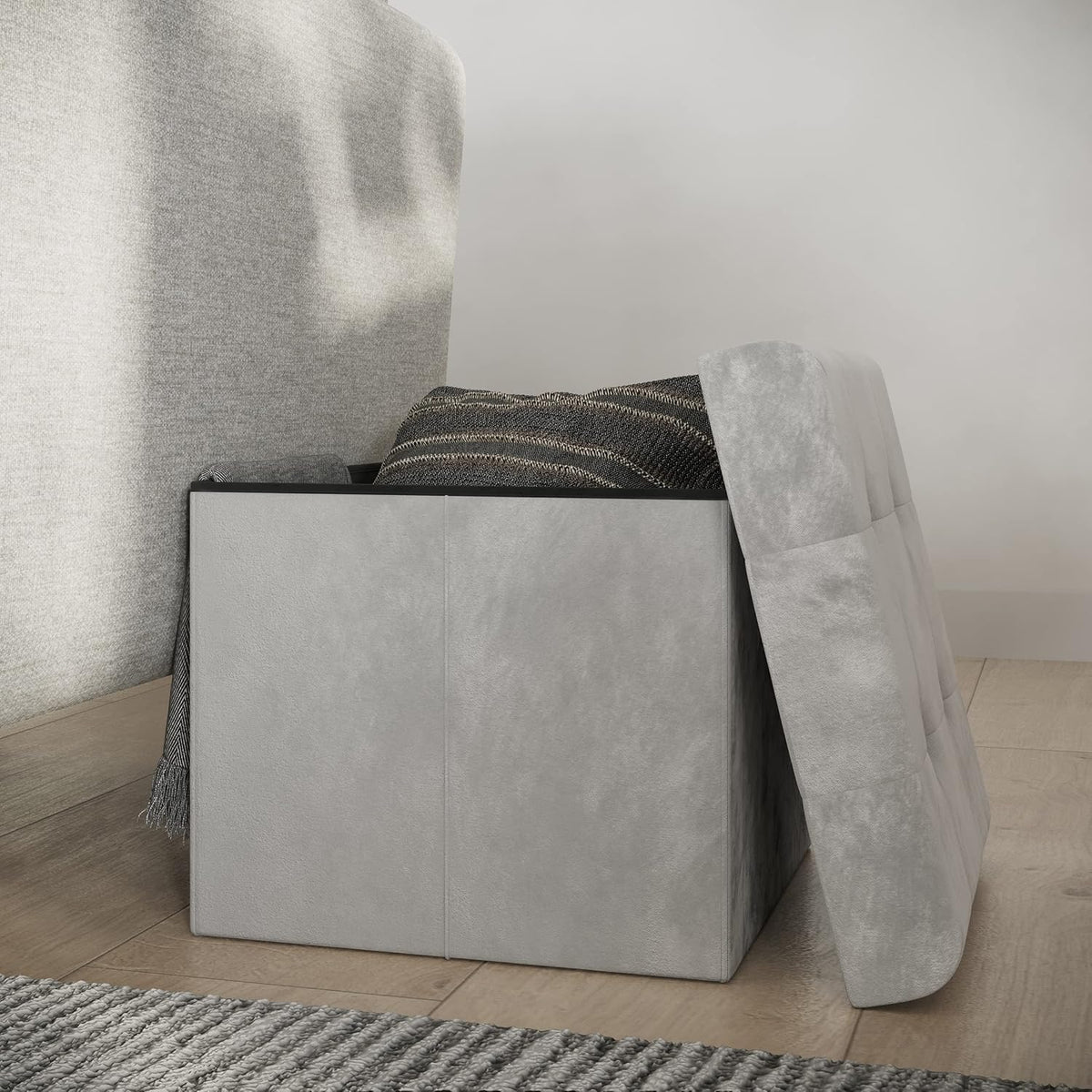 Storage Ottoman - Velvet Tufted Footrest, Linen Chest, or Storage Organizer with Removable Lid for Bedroom, Living Room, or Dorm by Lavish Home (Gray)