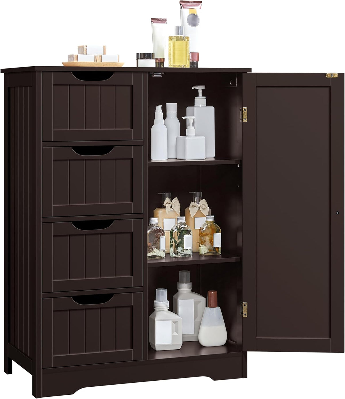 Yaheetech Bathroom Storage Cabinet with 4 Drawers and Door, Espresso