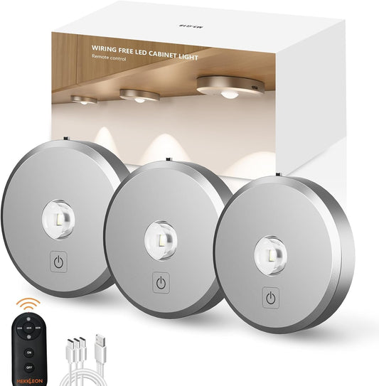 Puck Lights with Remote Control,Under Cabinet Lighting,Silver,3Pcs