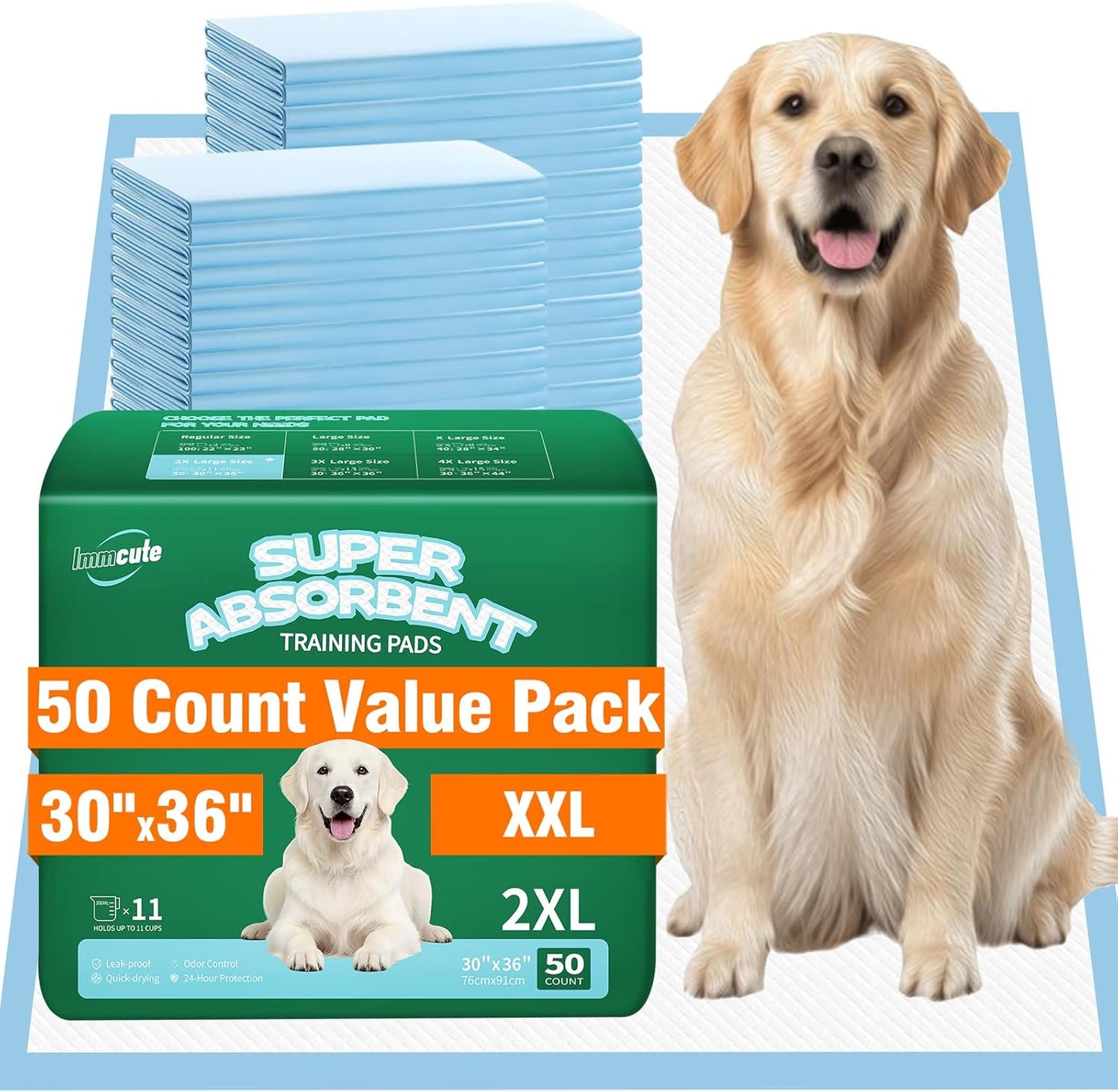 IMMCUTE 50 Pack Dog Pee Pads, 30"X36" Great Value Puppy Pads XL, Pee Pads for Dogs Cats Extra Large, Wee Wee Pads for Potty Training, Disposable Pet Pads Super Absorbent & Leak-Proof