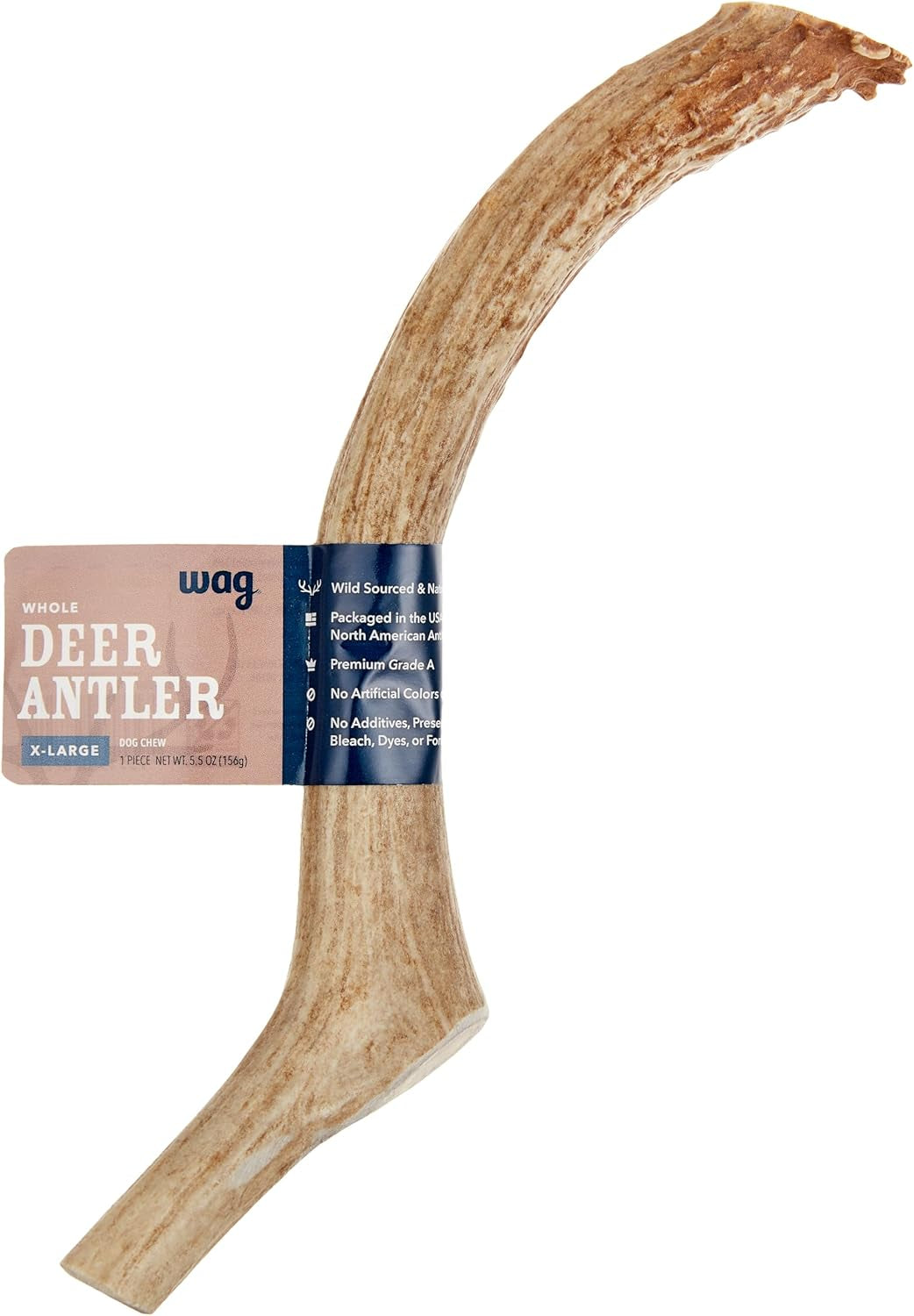 Amazon Brand - Wag Dog Deer Antler Chew, Naturally Shed, Whole, 9 - 10.5 Inches, Long Lasting for Aggressive Chewers, X-Large, Best for Dogs over 45 Lbs