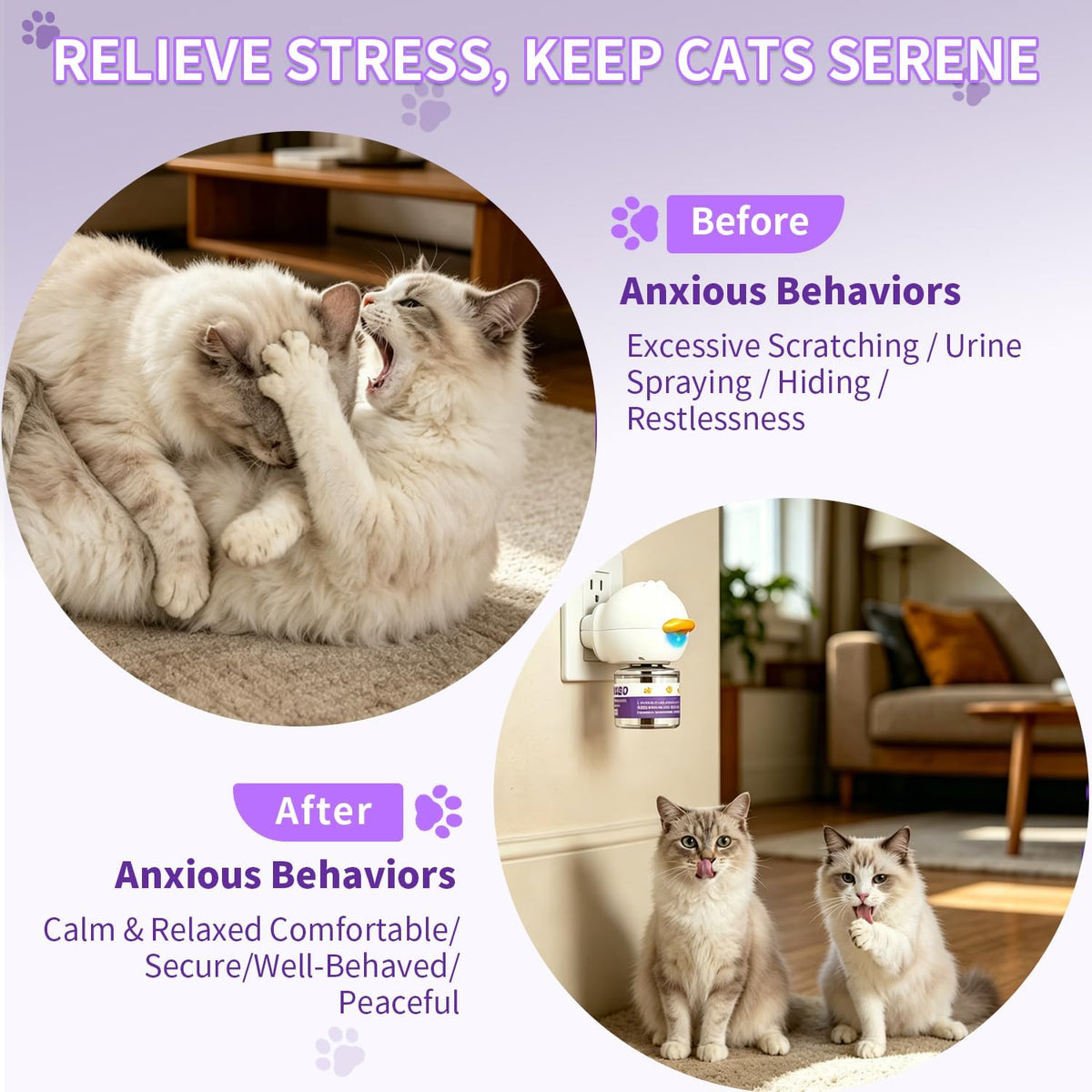 Cat Calming Diffuser Kit with 2 Diffusers & 4 Refills (48Ml Each), Cat Pheromones Calming Diffuser for Cat Anxiety Relief, Stress Reduction & Behavior Support, 30-Day Refills, Suitable for All Cats