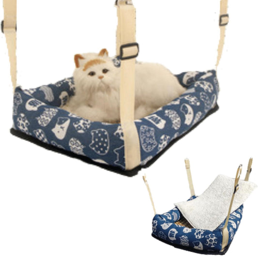 Hanging Cat Bed with Rattan Mat and Cotton Pad Cat Swing Hammock for Cage Kitten Cage Pet Hammock Ferret Bed Desk Accessories Indoor Hanging Bed Kitten Puppy Rabbit Bunny (Rectangle-Blue,Small)