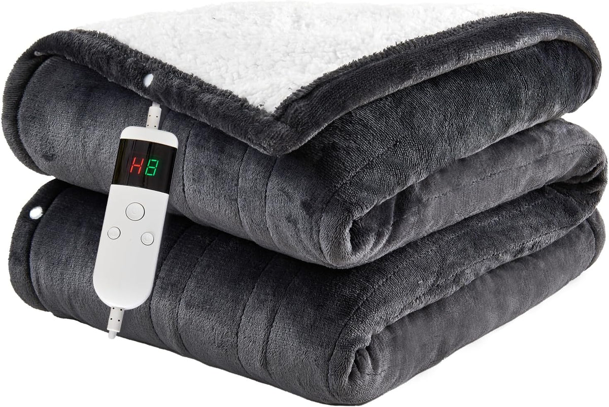 Heated Blanket Electric Throw, 50"X60" Soft Flannel Heating Blanket with 8 Hours Auto off 10 Fast Heating Levels Machine Washable Sherpa Heated Throw Blanket with Overheating Protection