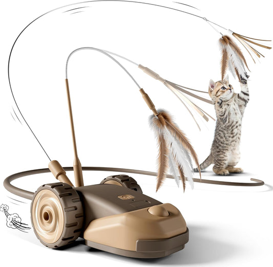 CYROS 3-In-1 Interactive Cat Toy - 2-Speed Automatic Moving Mouse Cat Toys Self Play with 2Pcs Hanging Feather String Ribbon and Wiggly Silicone Mice Tail for Bored Indoor Adult Cats Kittens