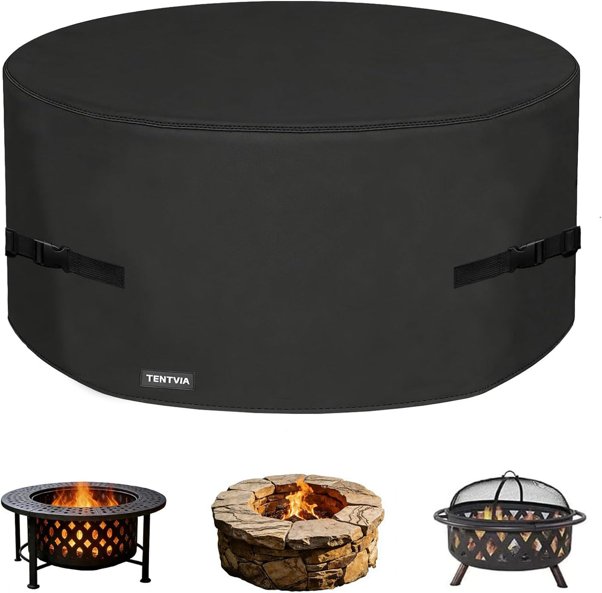 Round Fire Pit Cover - 600D Heavy-Duty Oxford Fabric, Fits 18-48 Inch Fire Pits & Fire Pit Tables, Black, 36" D X 20" H