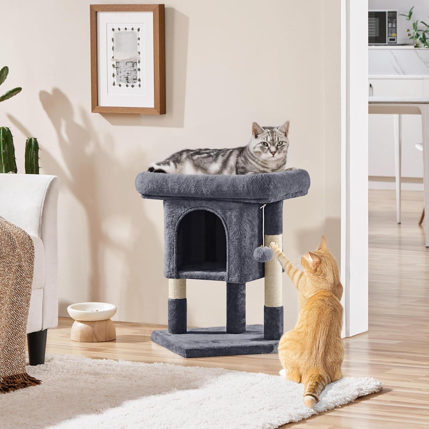 Yaheetech 23.5In Cat Tree – Sturdy & Stable, Space-Saving 3-Level Cat Tower with Plush Perch, Condo, Sisal Scratching Posts & Dangling Ball, Perfect for Apartments, Dark Gray