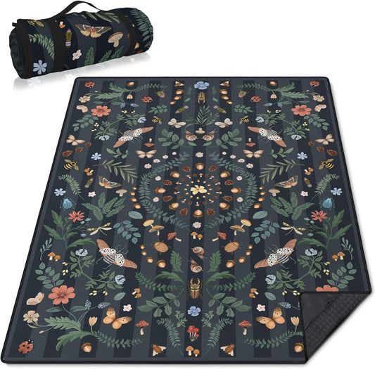 Mushroom Picnic Blankets Waterproof Foldable, 60″X80″ Packable Picnic Mat Insect Outdoor Blanket for Grass, Boho Large Beach Blanket Sandproof Picnic Accessories for Camping Music Festival Park Lawn