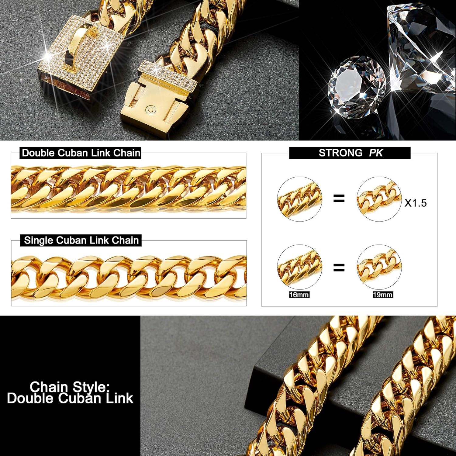 Dog Chain Collar Walking Metal Chain Collar with Design Secure Buckle, Gold Cuban Link Strong Heavy Duty Chew Proof for Small Dogs(16Mm, 12")