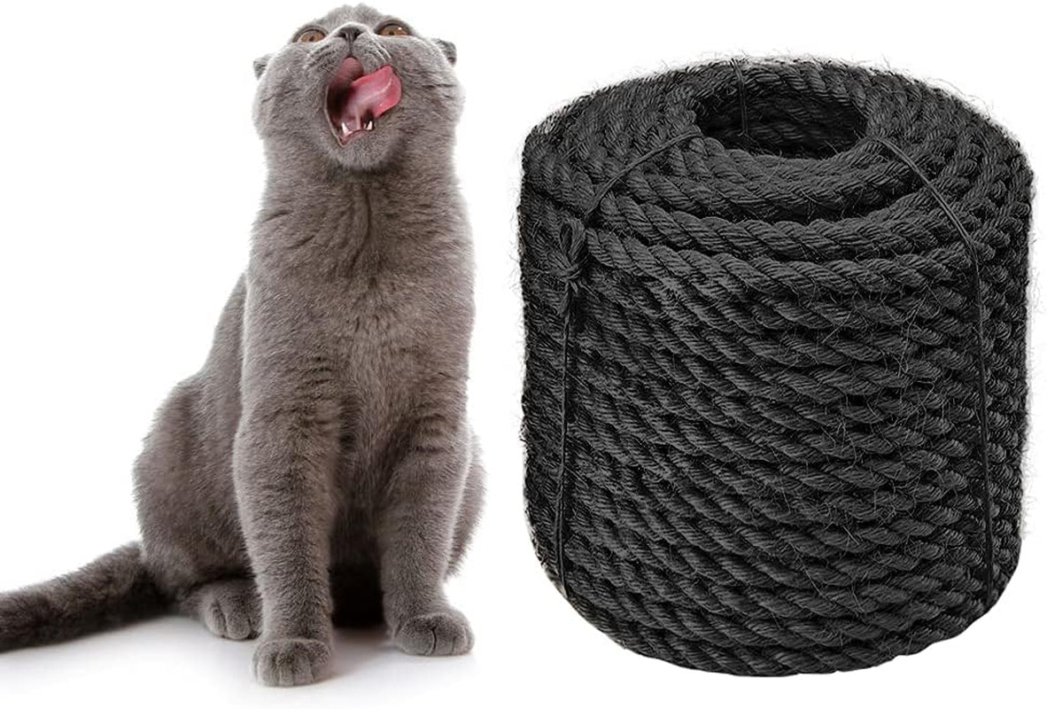 Sisal Rope 6Mm for Cat Scratcher Repair and Replace Cat Scratching Post, DIY Scratching Furniture - Cat Tree, Scratch Carpet & Mat, Cat Kicker Toys, Black 98Ft/30M