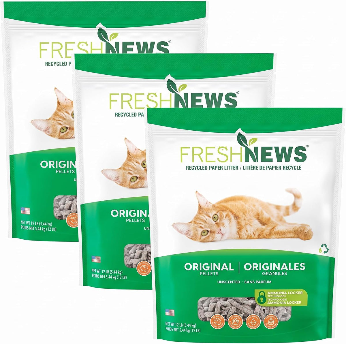 Fresh News Recycled Paper Original Pellet Cat Litter, 12 Pound, Non-Clumping, Unscented, Made in USA (Pack of 3)